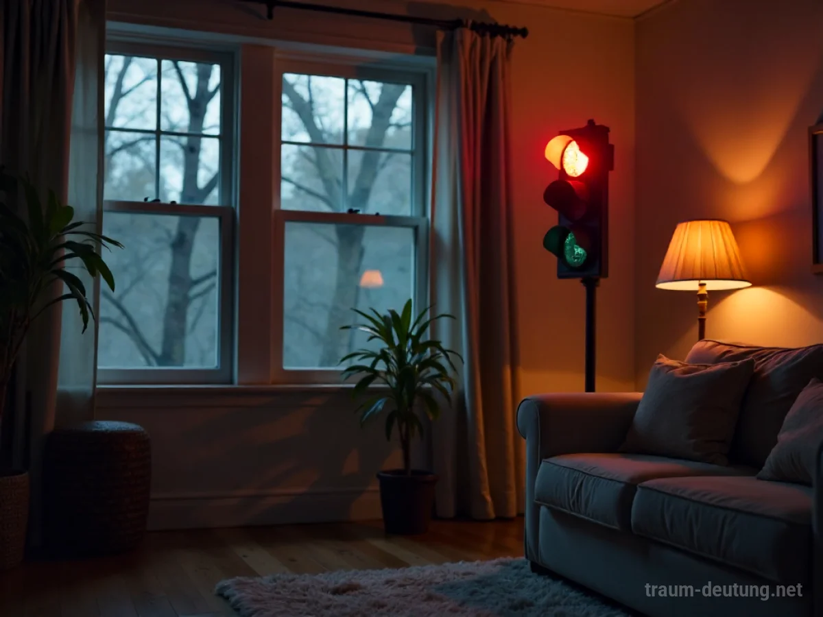 Eine Ampel steht mitten in einem Wohnzimmer.
