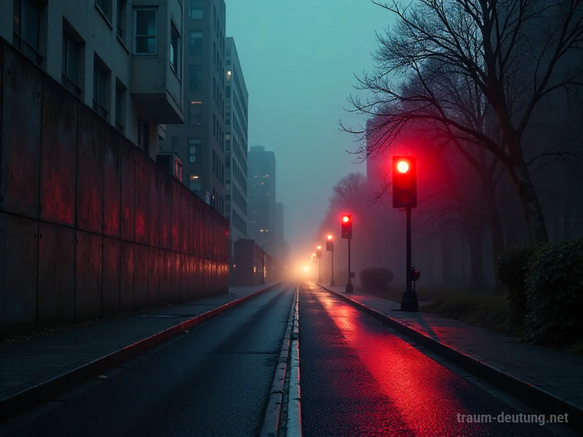 Eine rote Ampel am Ende einer Sackgasse mit einer Mauer davor.
