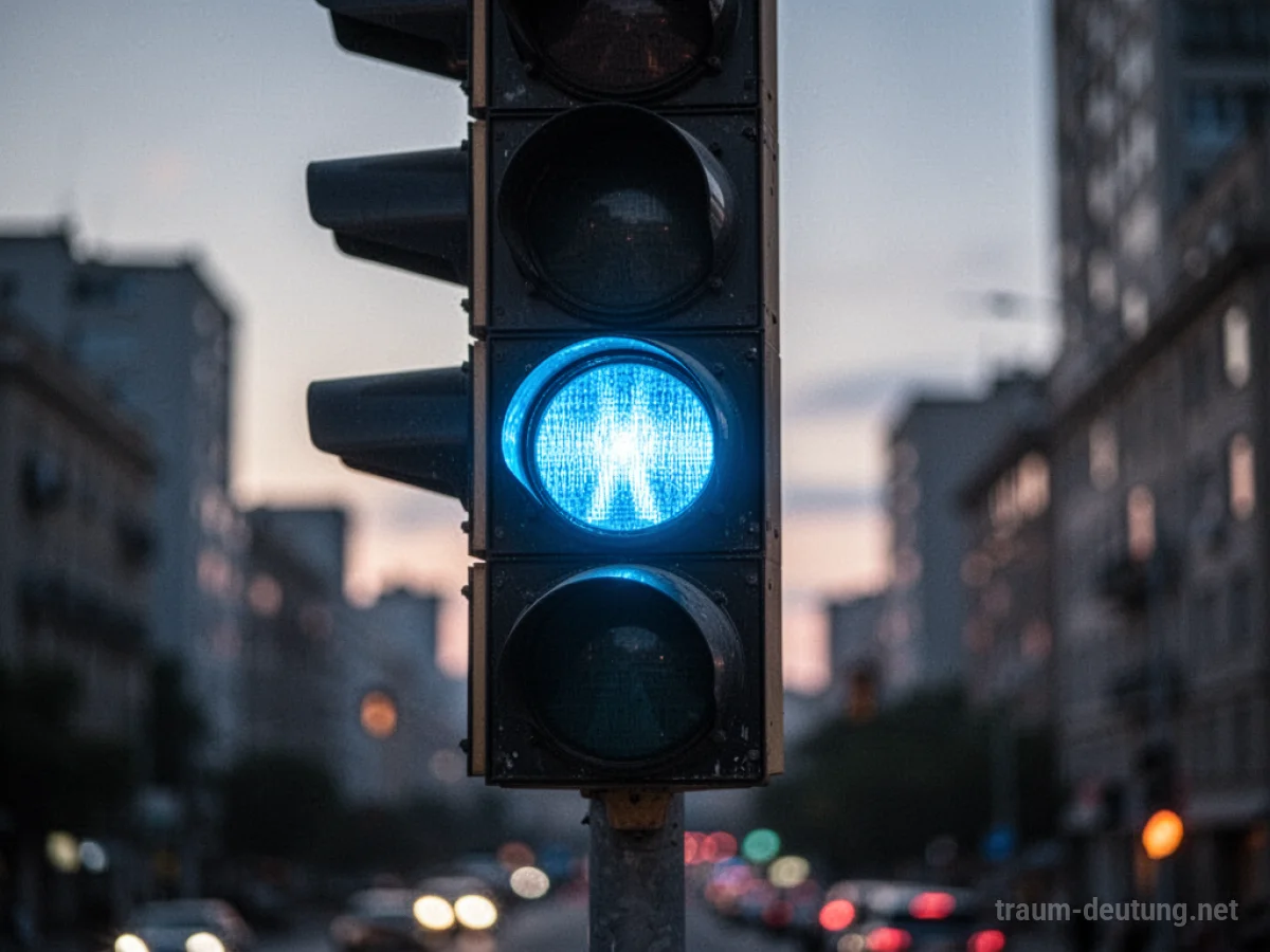 Eine Ampel, deren oberstes Licht blau leuchtet, steht auf einer Stadtstraße.