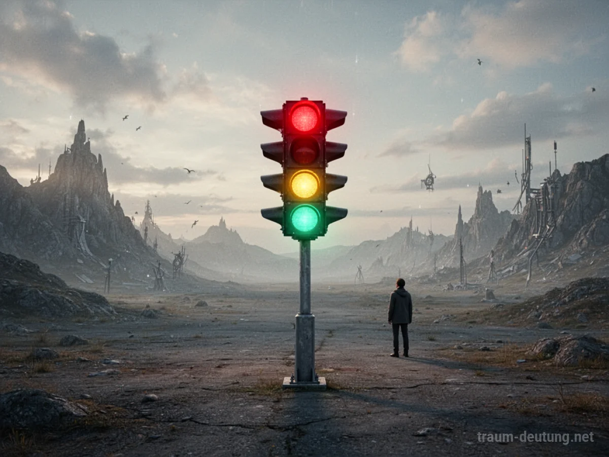 Eine einzelne Ampel in einer surrealen Landschaft, von einer einzelnen Person betrachtet.