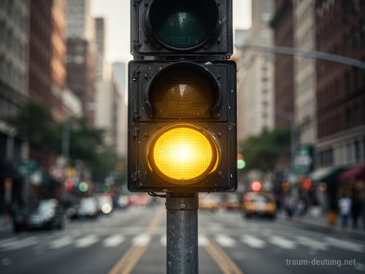 Eine Ampel zeigt nur das gelbe Licht, im Hintergrund eine unscharfe Stadtstraße.