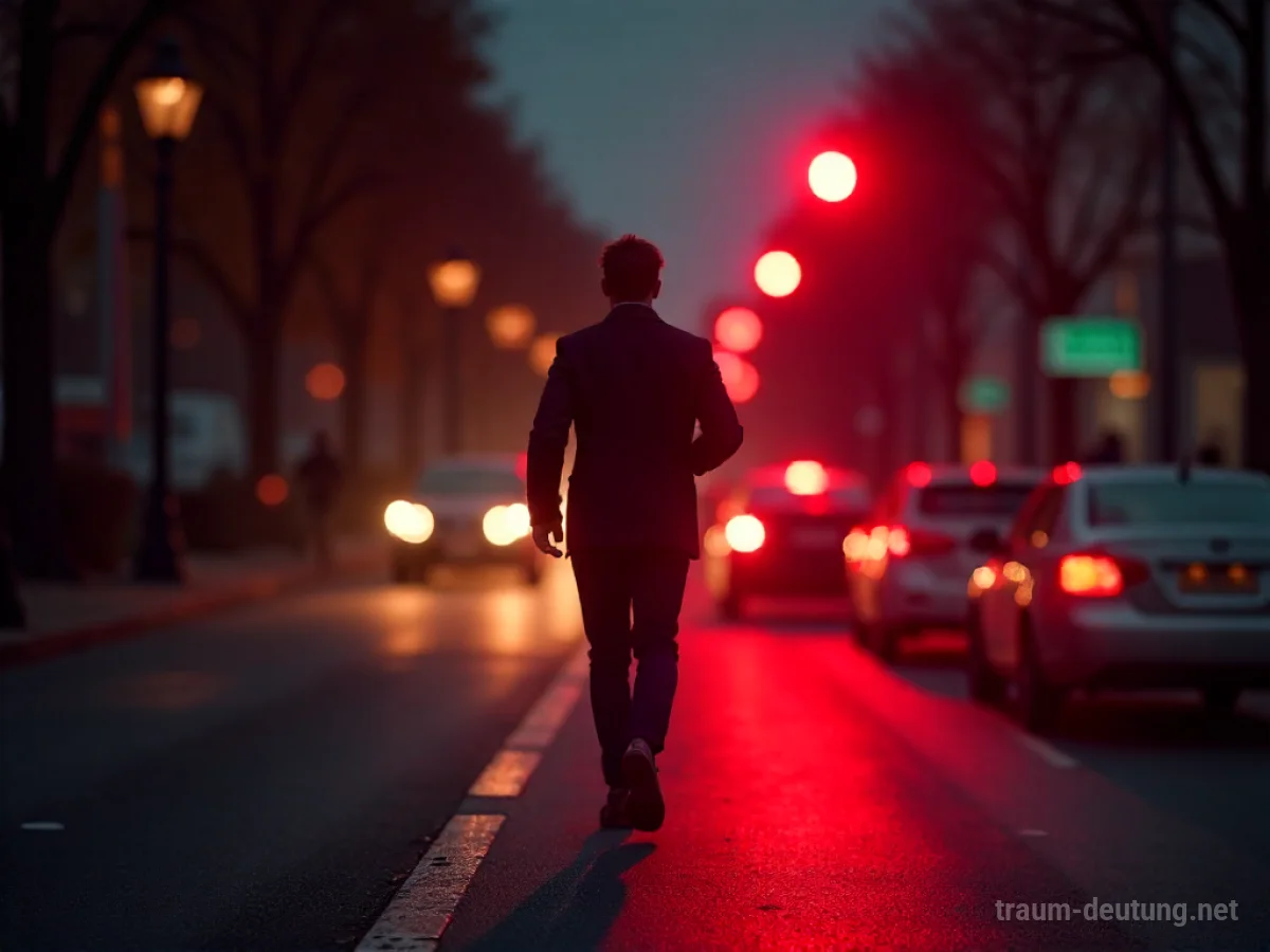 Eine Silhouette rennt über eine rote Ampel, während im Hintergrund Autos vorbeifahren.