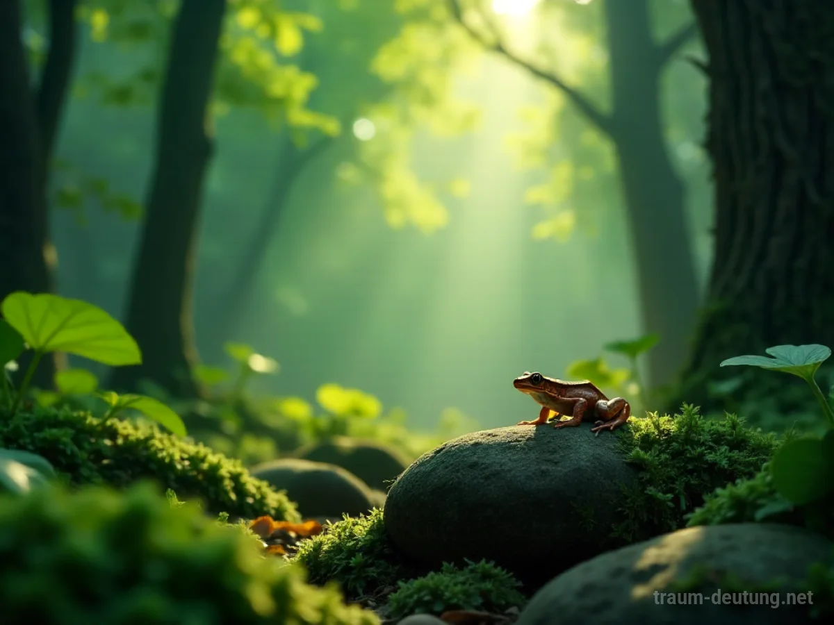 Eine kleine, farbenfrohe Amphibie ruht auf einem moosbewachsenen Stein in einem sonnendurchfluteten Waldlichtung.
