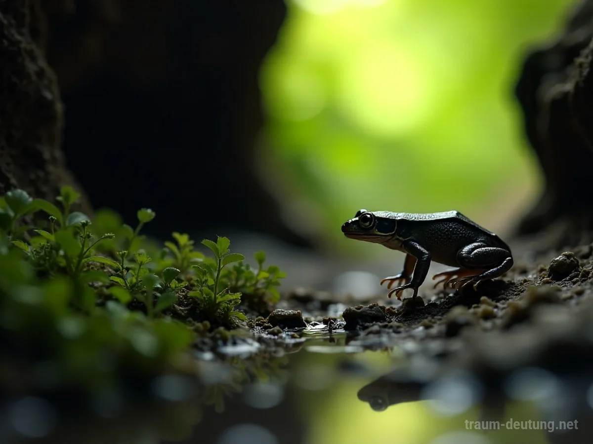 Amphibie springt aus dunklem Raum ins Licht