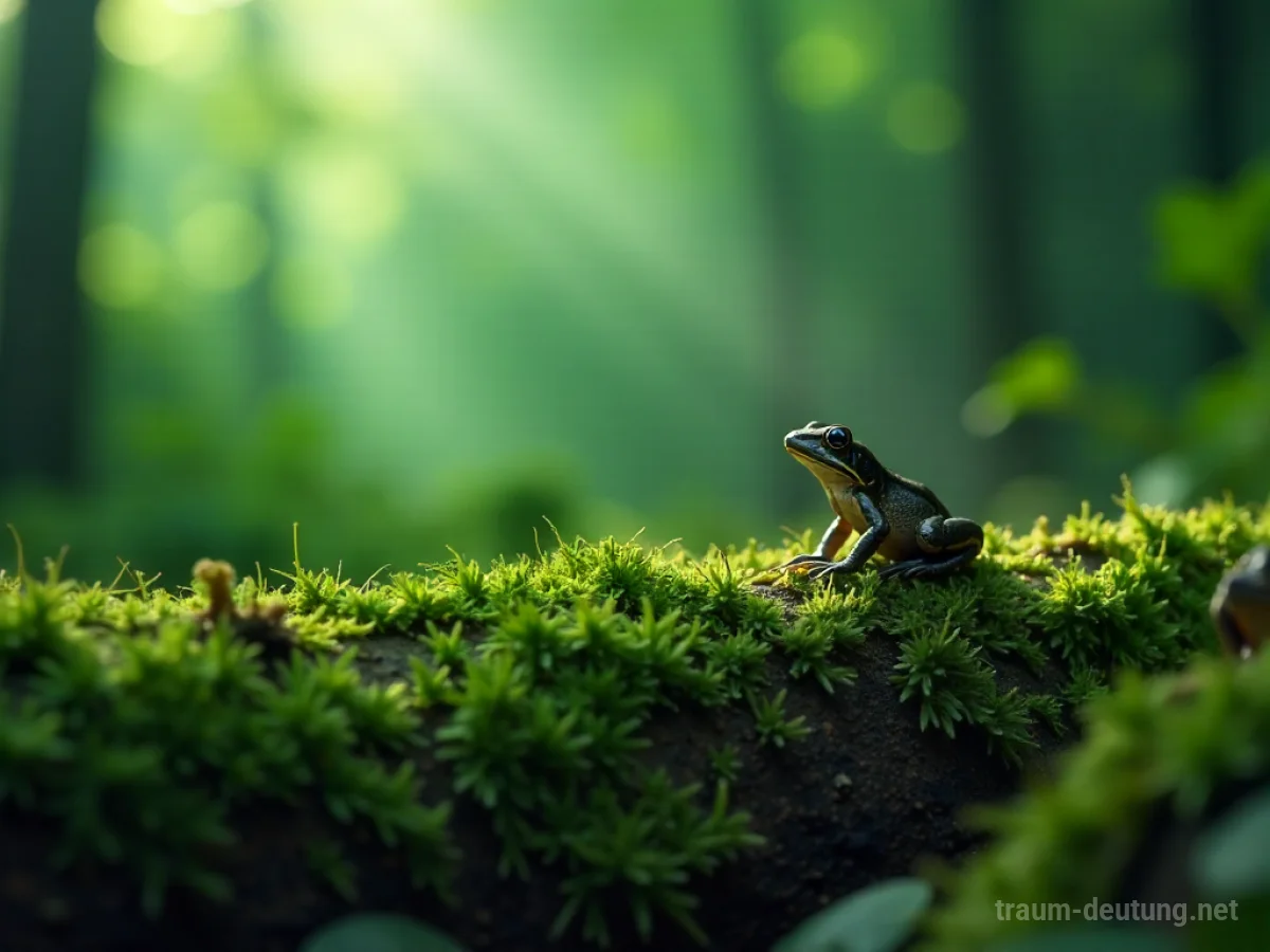 Eine Amphibie sitzt auf einem moosbewachsenen Baumstamm in einem nebligen Wald.
