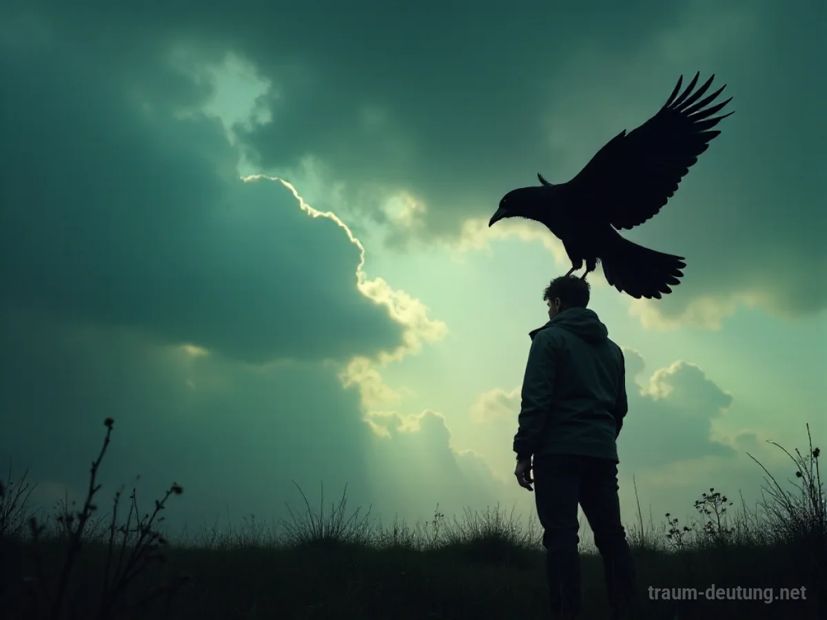Eine dunkle Silhouette einer Person, die von einer stilisierten schwarzen Amsel im Flug bedroht wird.