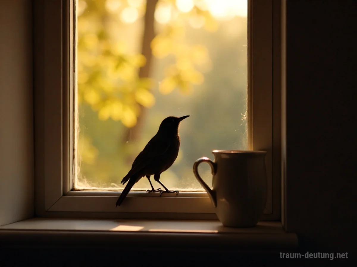 Eine schwarze Amsel sitzt auf einer Fensterbank in einem hellen Raum.