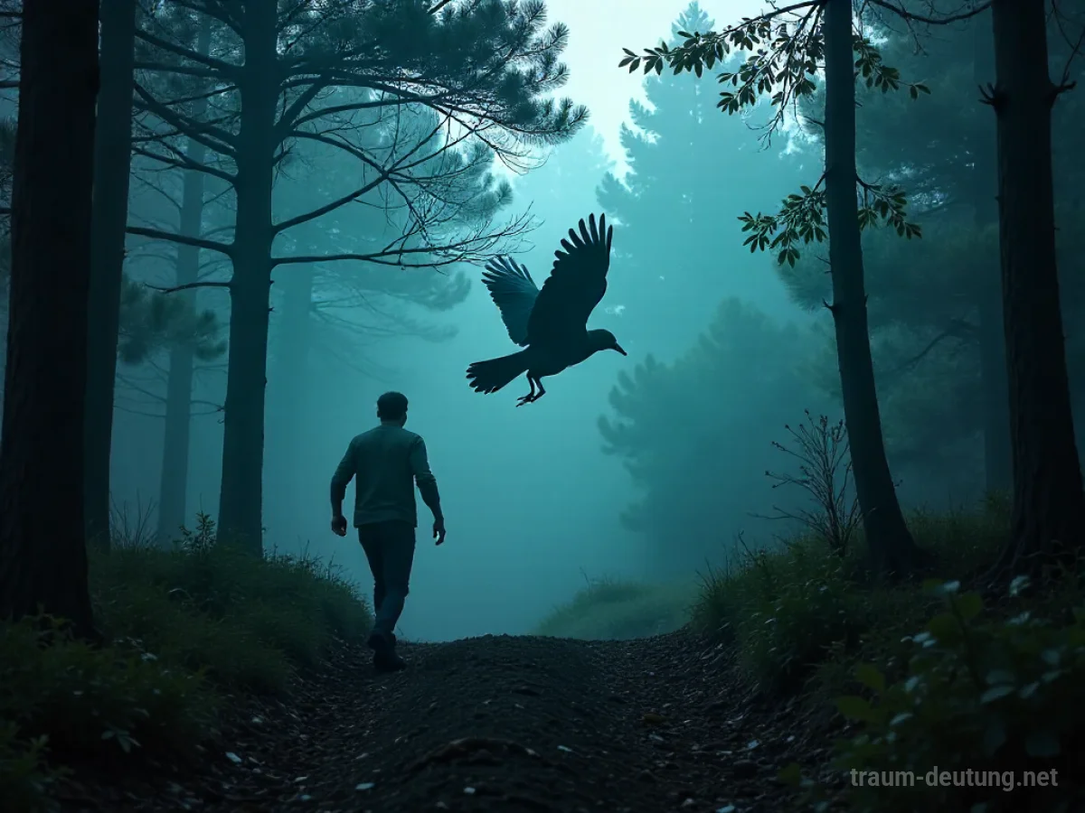 Eine dunkle Vogelgestalt verfolgt eine menschliche Silhouette durch einen nebligen Wald.