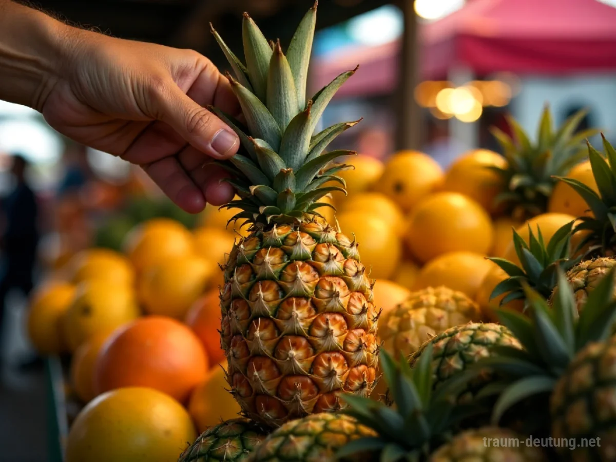 Hand greift nach einer reifen Ananas auf einem Marktstand