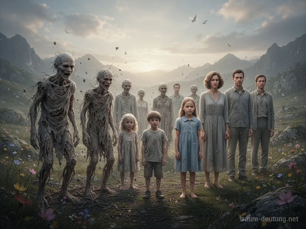 Menschen altern im Traum unterschiedlich schnell in einer surrealen Landschaft.