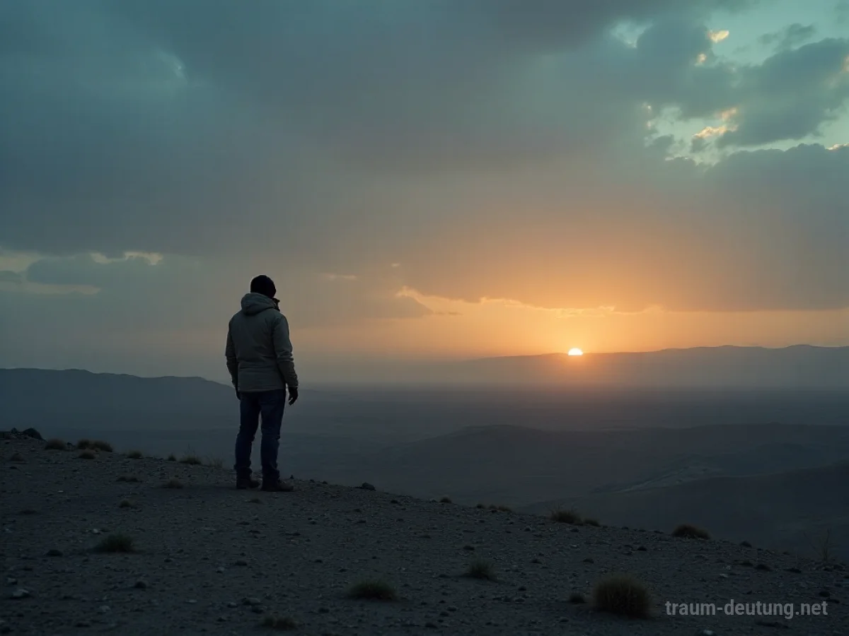Eine einzelne Figur steht in einer öden Landschaft und blickt auf einen fernen Horizont.