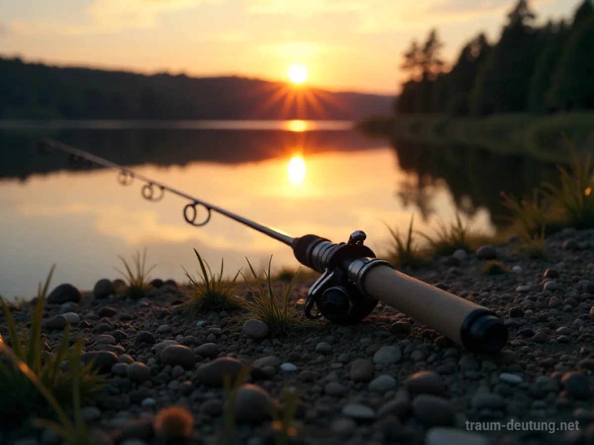 Zerbrochene Angelrute am Ufer eines Sees bei Sonnenuntergang