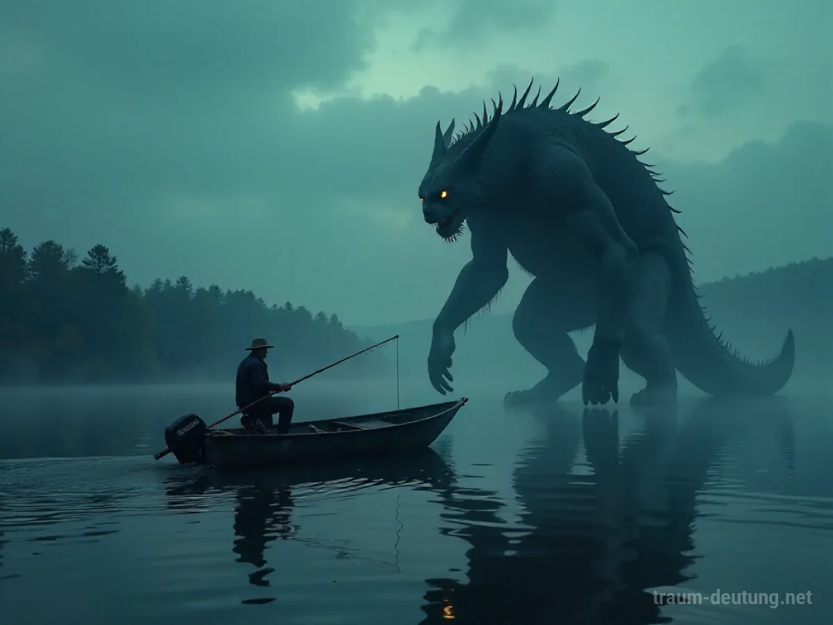 Ein Angler zieht ein riesiges, schattenhaftes Wesen aus dem Wasser.