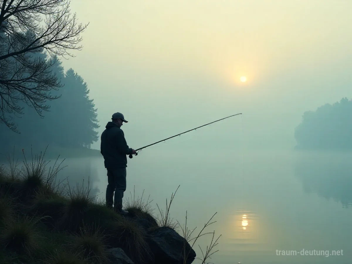 Ein Angler steht im Morgennebel an einem See und wirft seine Angel aus.
