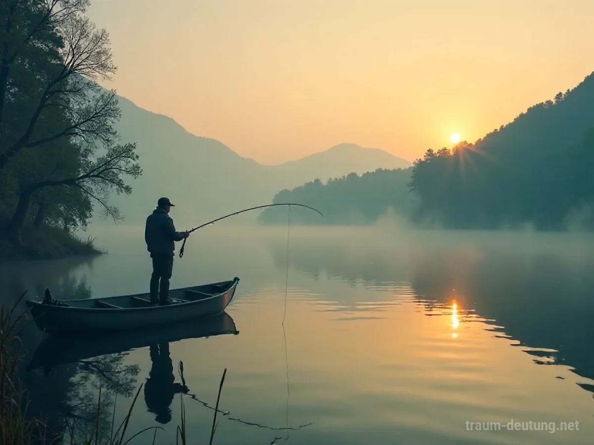 Ein Angler sitzt ruhig am Ufer eines Sees und wirft seine Angel aus.