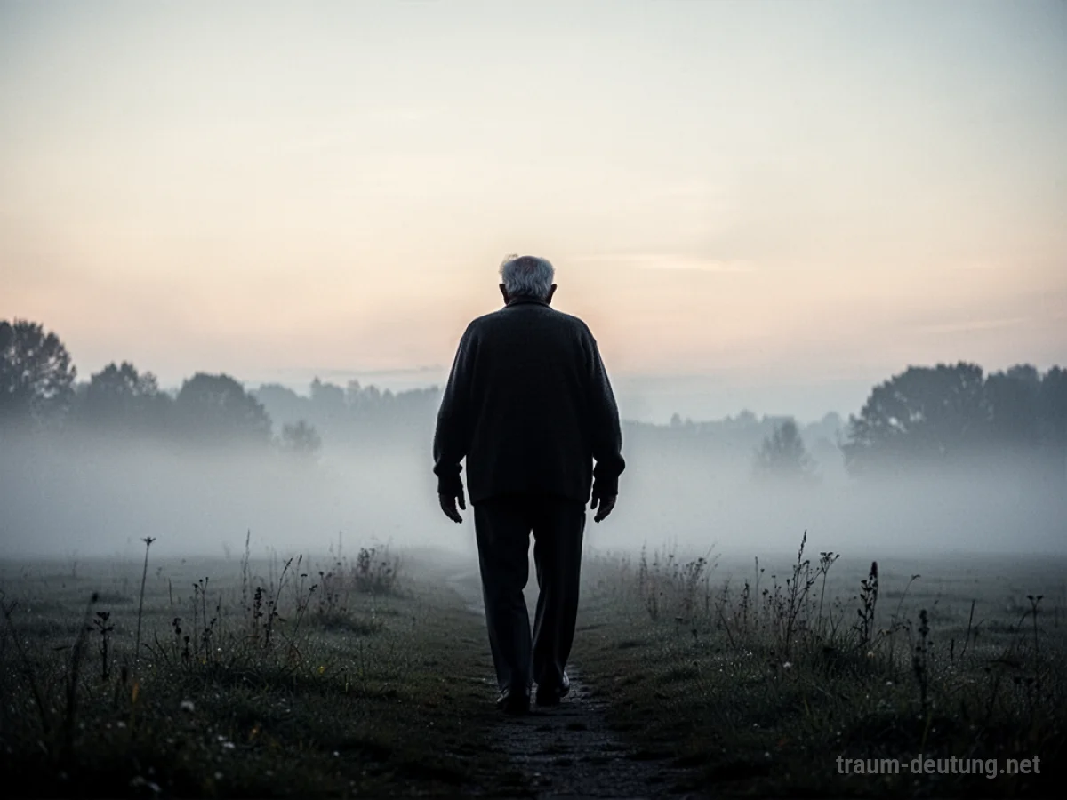 Silhouette einer älteren Person, die sich in einer nebligen Landschaft entfernt.