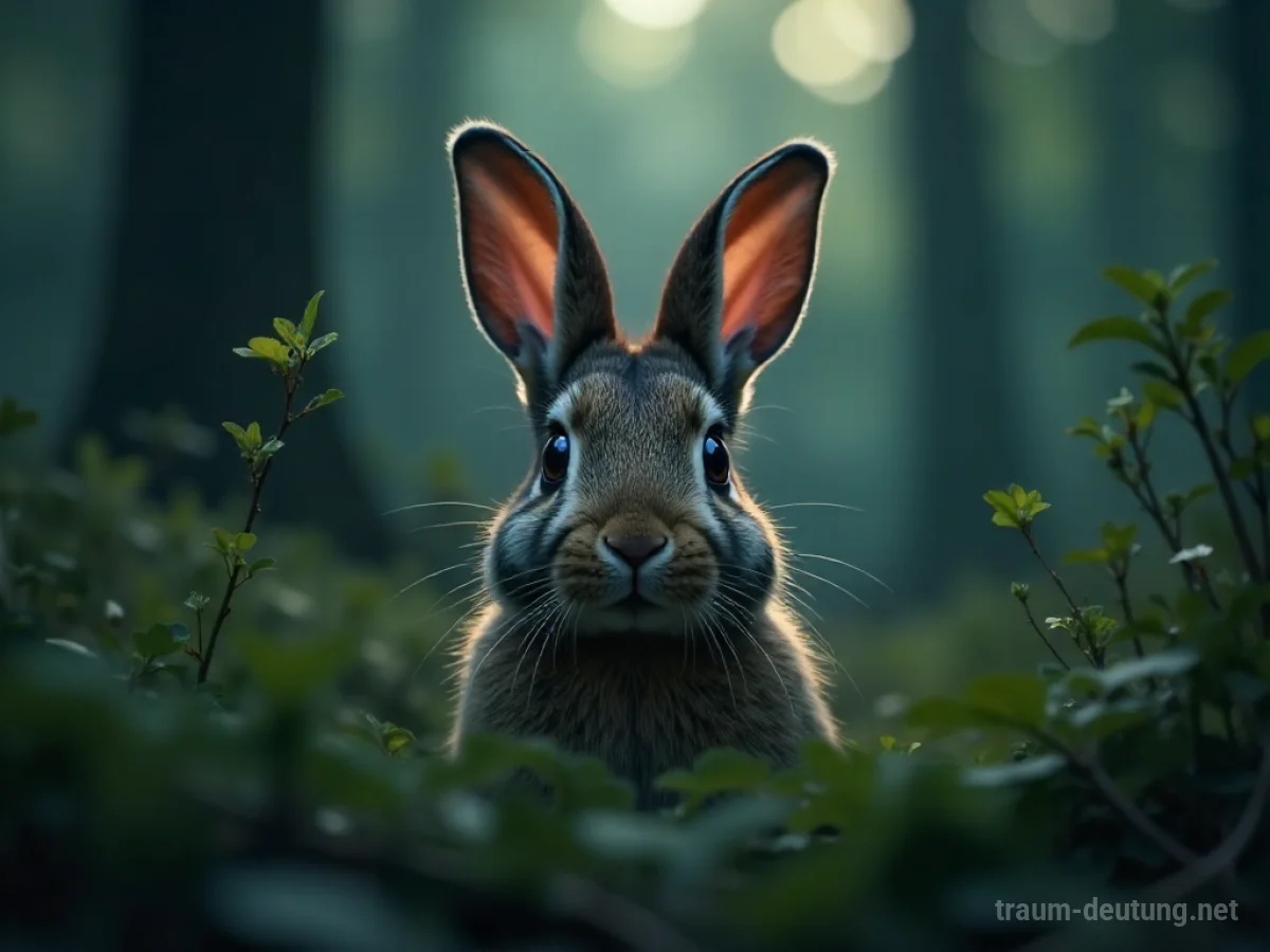 Ein Angsthase mit aufgerissenen Augen versteckt sich hinter einem Busch im Wald.