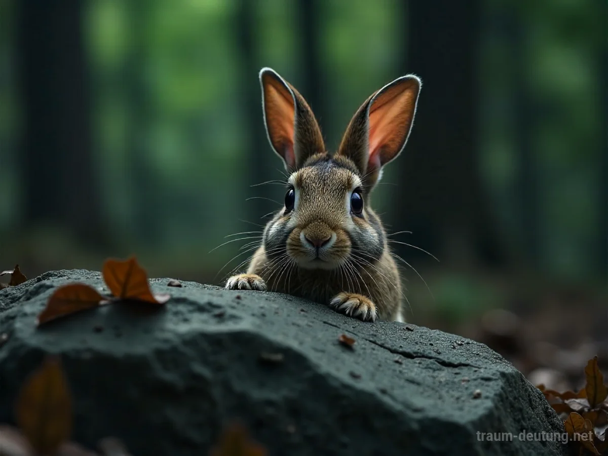 Ein scheuer Hase versteckt sich ängstlich hinter einem Felsen im Wald.