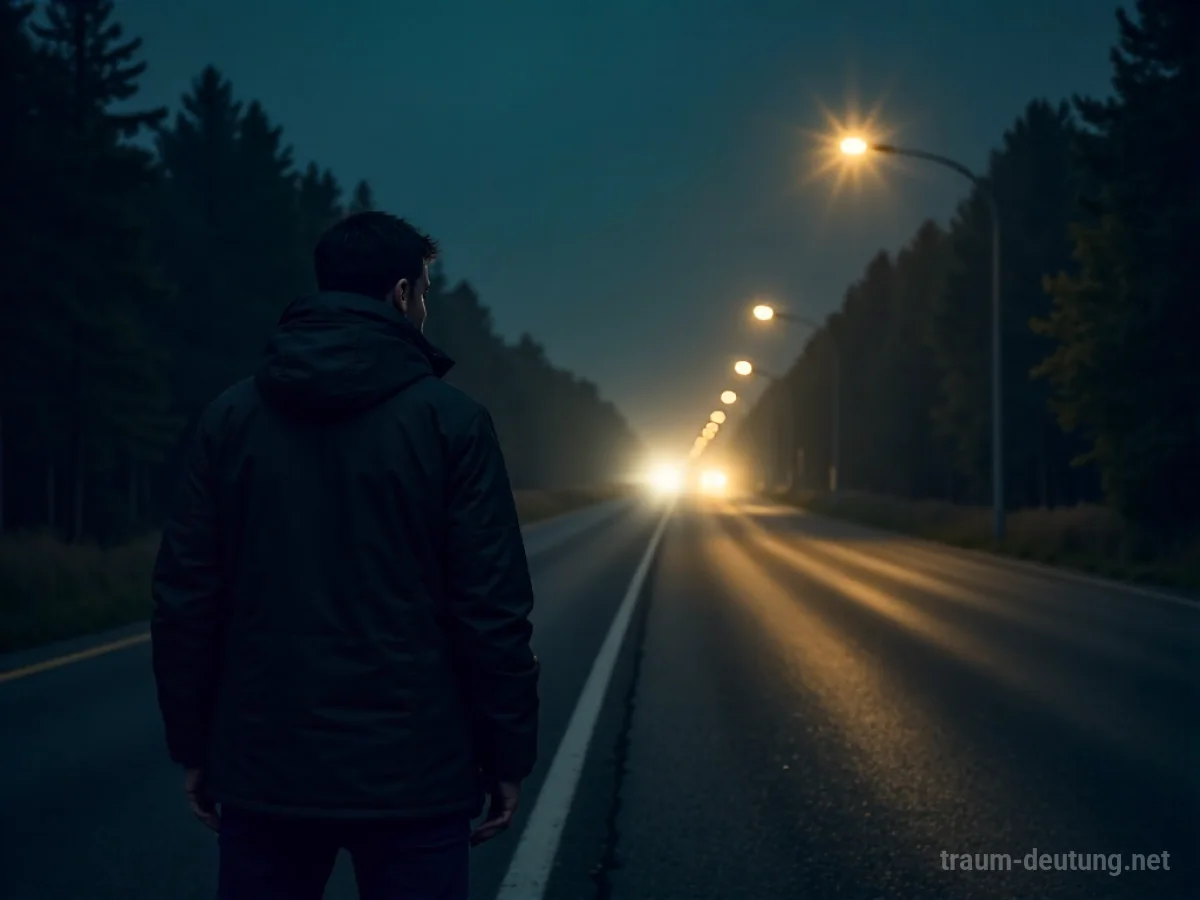 Anhalter steht allein auf dunkler Straße bei Nacht
