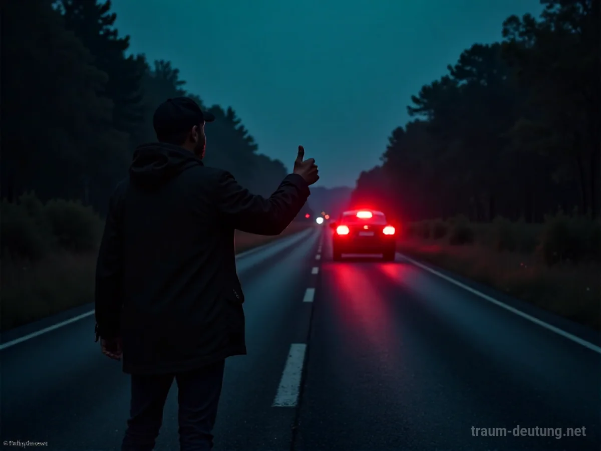 Silhouette eines Anhalters, der allein an einer dunklen Straße steht, während ein Auto wegfährt.