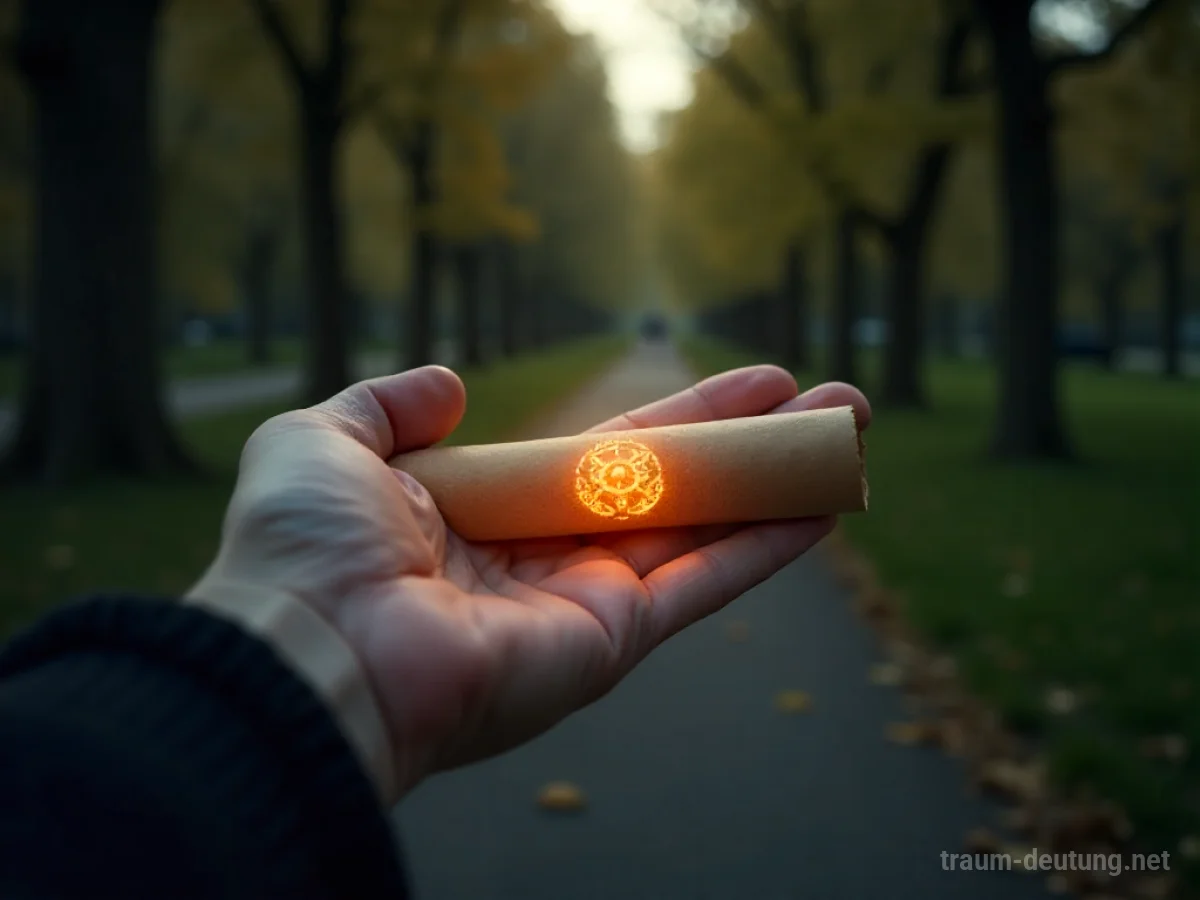 Eine Hand hält eine Schriftrolle mit einem Symbol, vor unscharfem Hintergrund eines Parks.