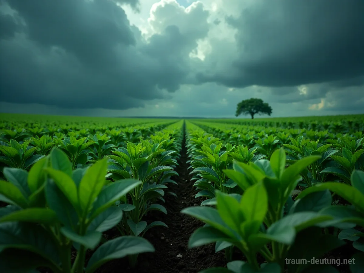 Zerstörte junge Pflanzen auf einem Feld unter einem dunklen Himmel