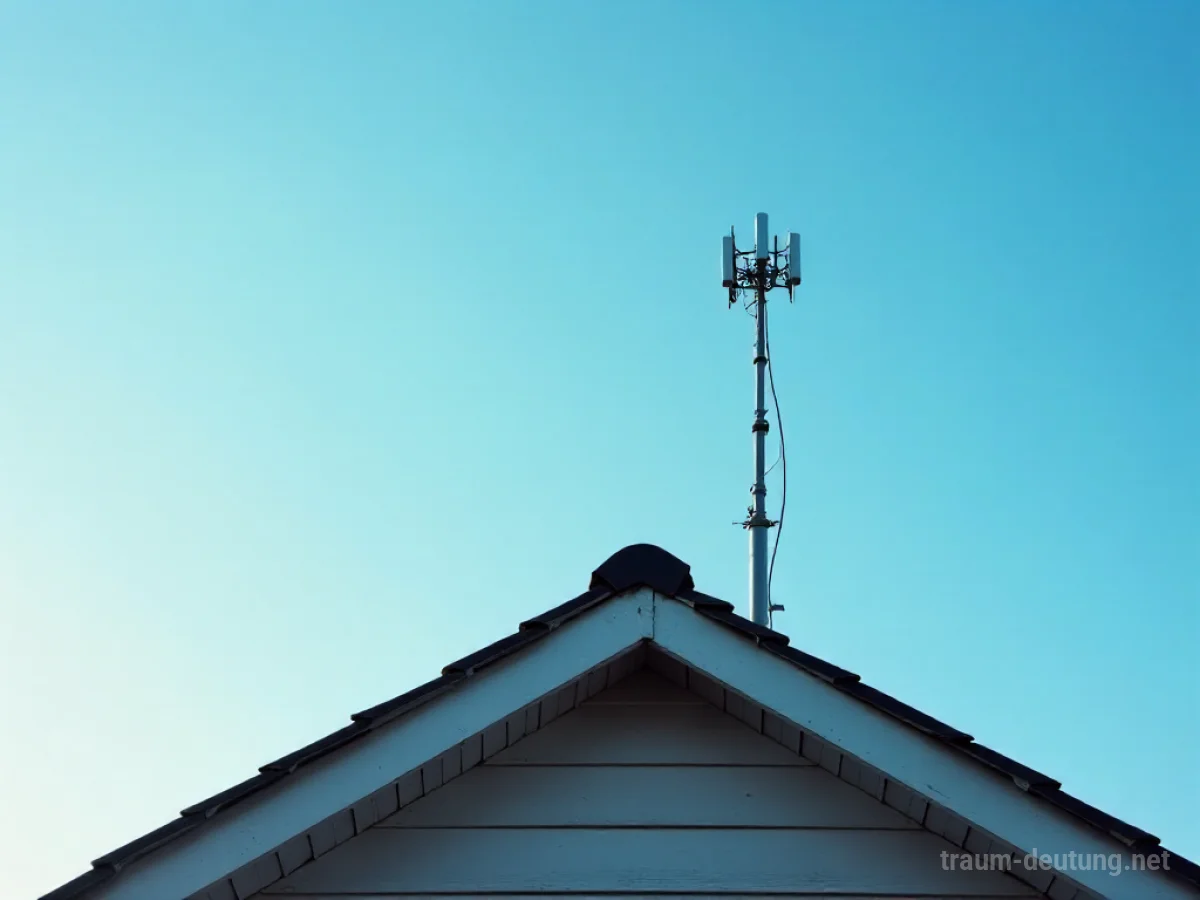 Eine Antenne ragt auf einem Hausdach in den Himmel.