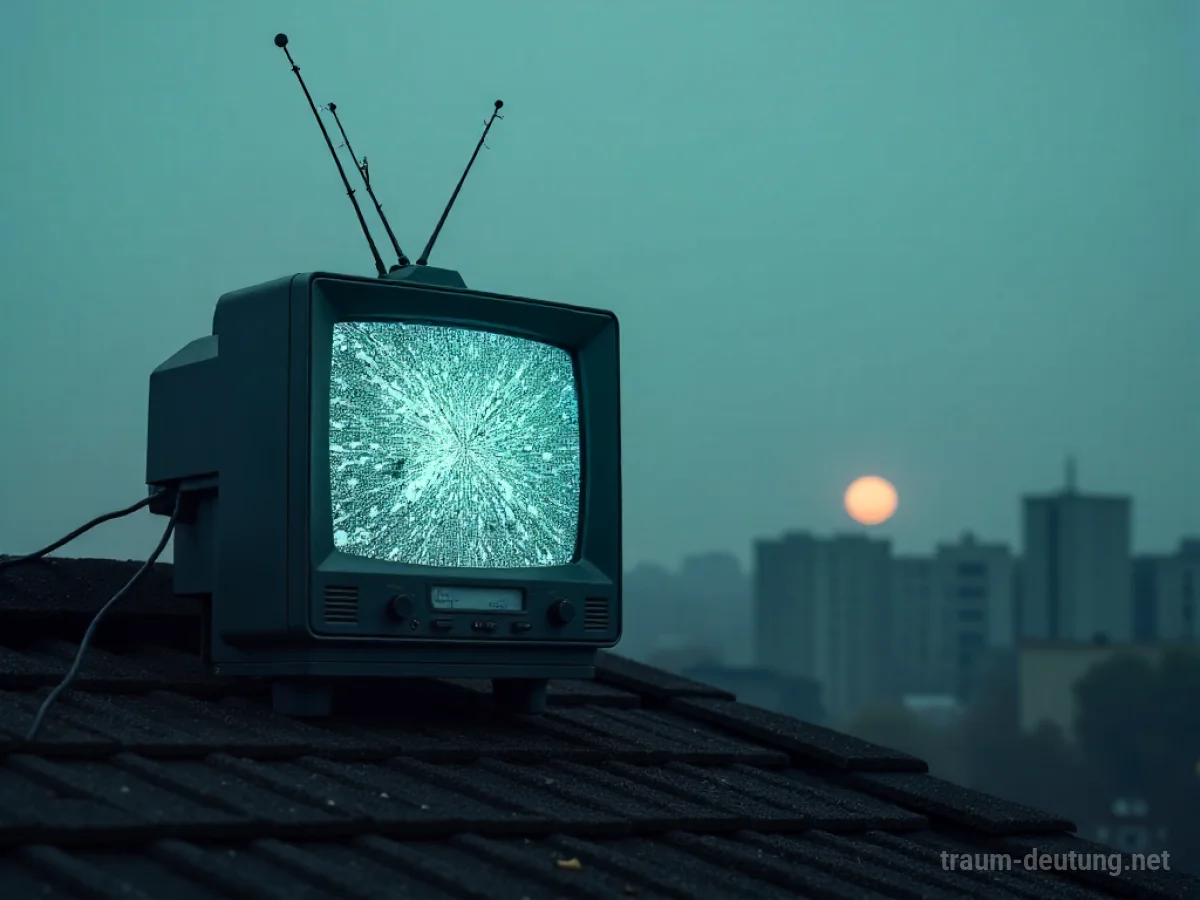 Eine kaputte Antenne auf einem Dach mit einem Fernsehbildschirm voller Rauschen im Hintergrund.