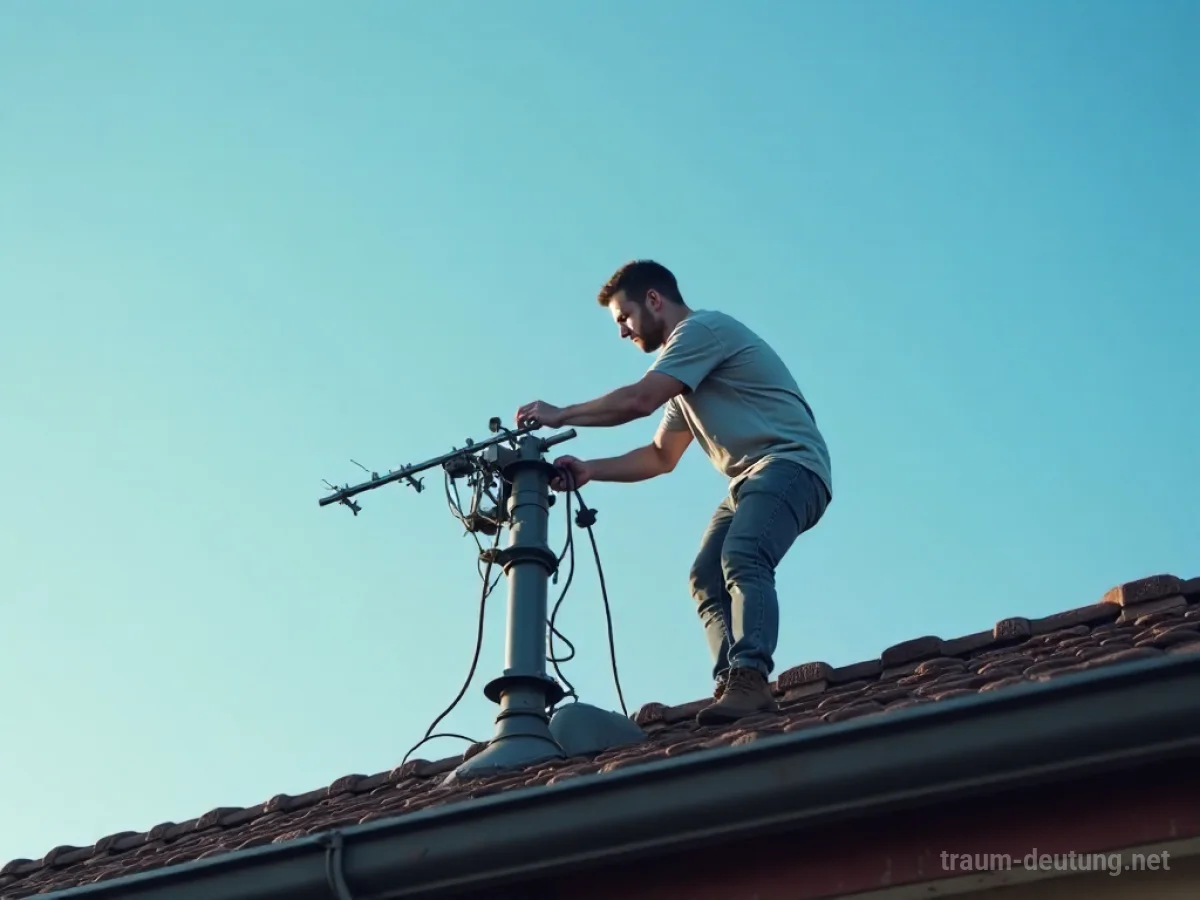 Eine Person montiert eine Antenne auf einem Dach.