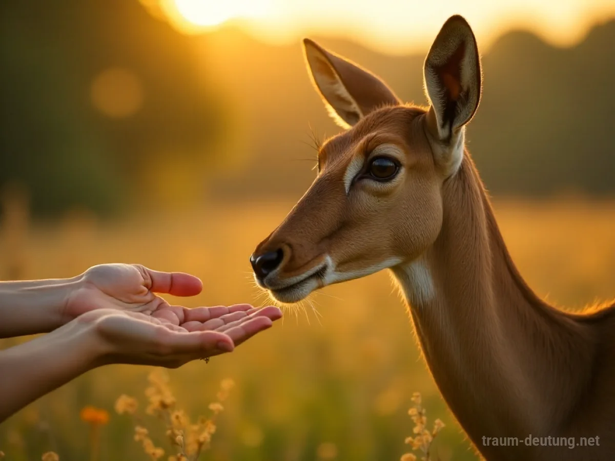 Hand reicht einer Antilope Futter in friedlicher Natur.