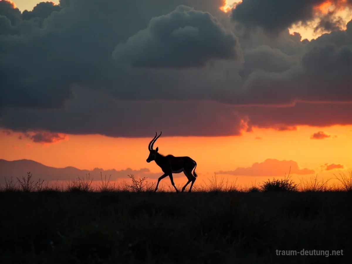 Silhouette einer Antilope im Angriff auf einer weiten Savanne im Abendlicht