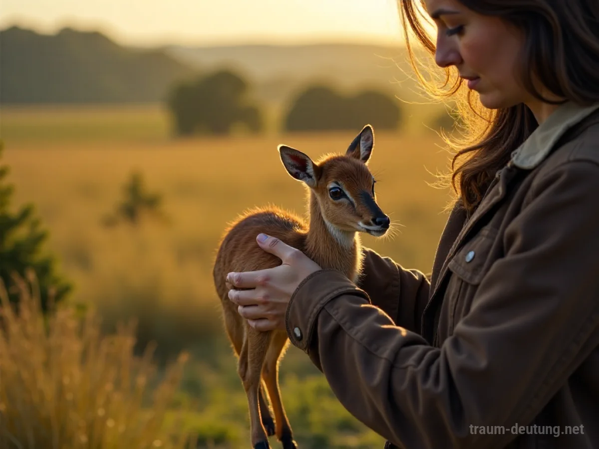 Eine Person hält eine kleine Antilope schützend in den Armen.