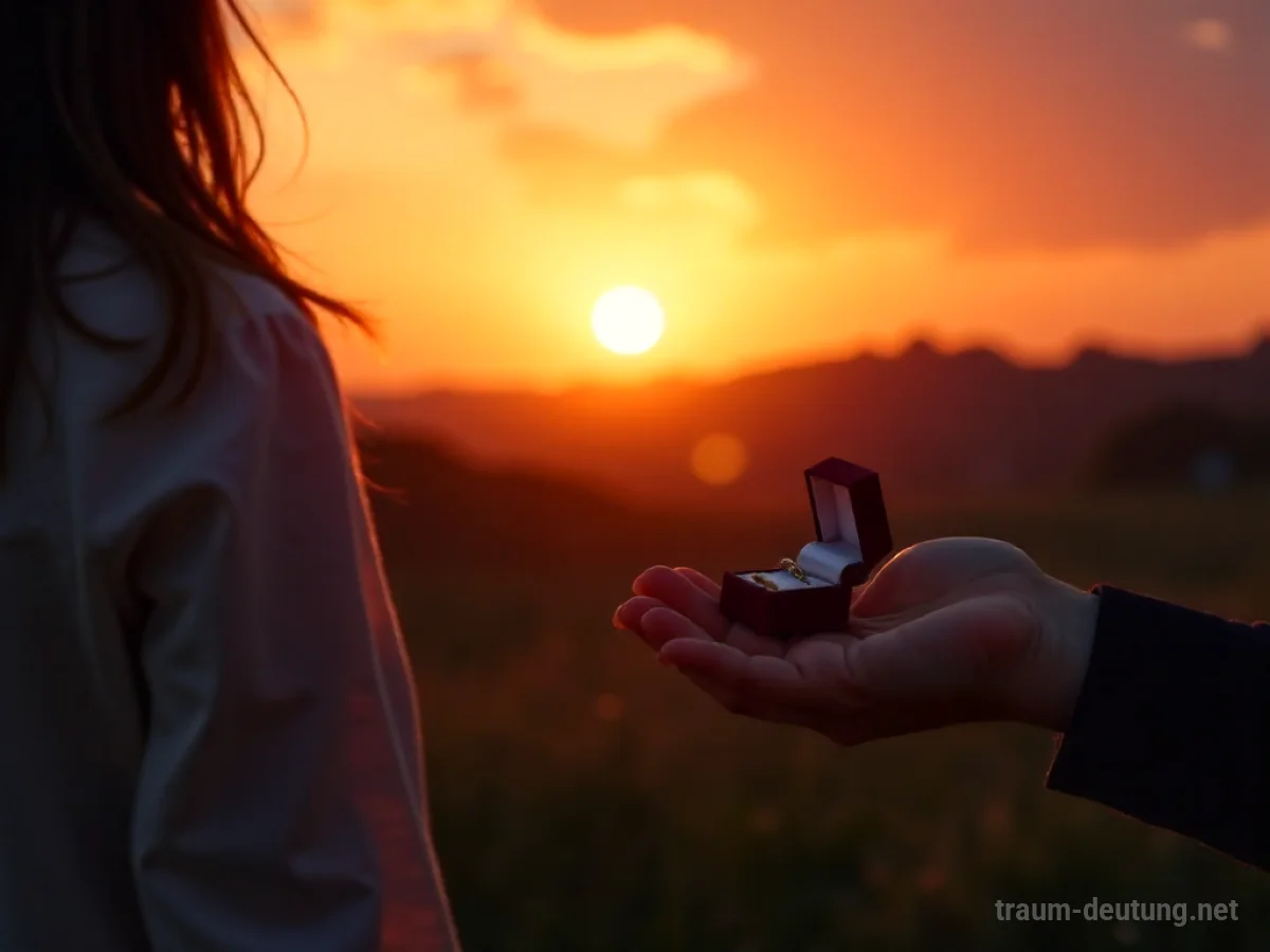 Silhouette einer Person, die einer anderen ein Schmuckkästchen entgegenhält bei Sonnenuntergang.