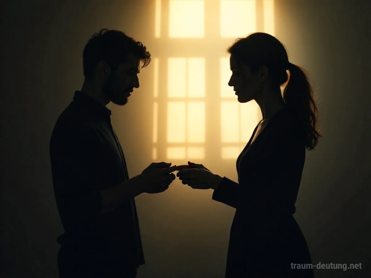 Eine schemenhafte Figur reicht einem anderen Schatten eine Hand mit einem Ring, im Hintergrund eine verschwommene Erinnerung.