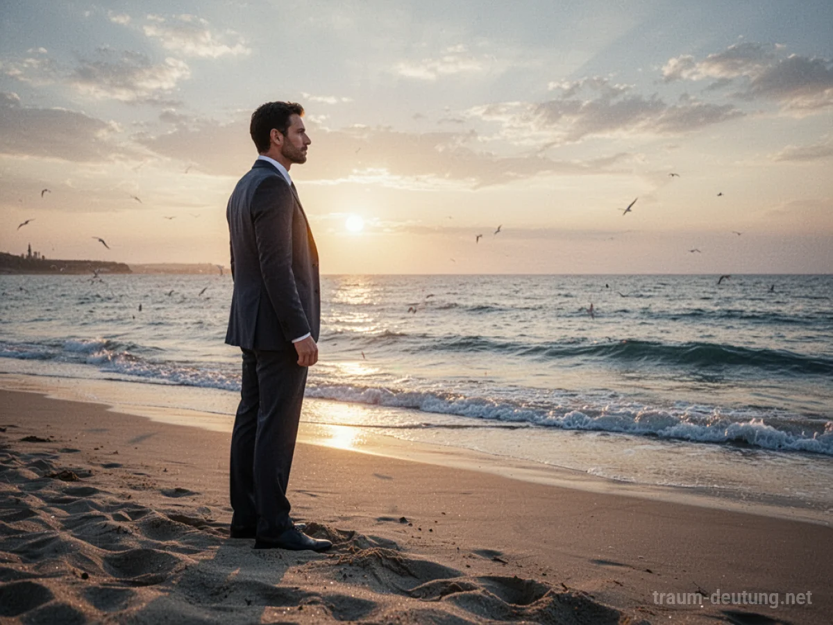 Ein Mann im Anzug steht am Strand und blickt auf das Meer bei Sonnenuntergang.