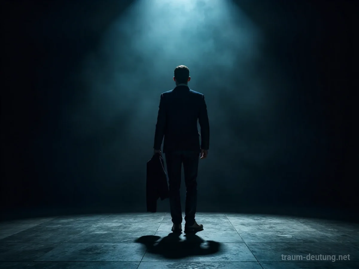 Eine Person steht im Schatten und hält einen einzelnen, abgelegten Anzug.