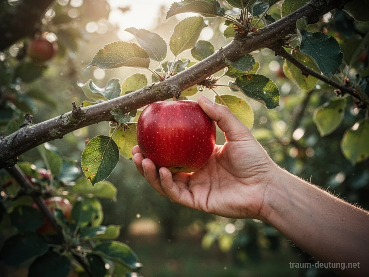 Eine Hand hebt einen roten Apfel von einem Ast.