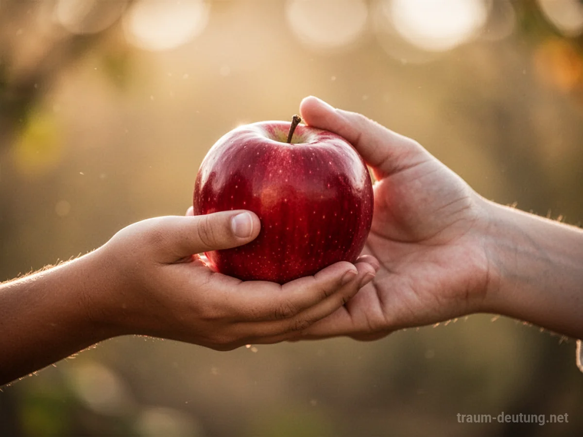 Eine Hand reicht eine reife, rote Apfel-Gabe an eine andere Hand.