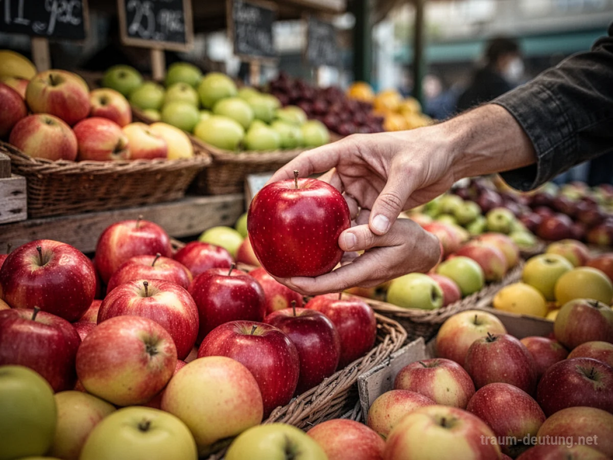 Hand wählt roten Apfel auf einem Marktstand