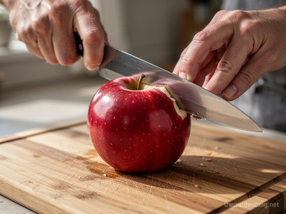 Hand schneidet mit Messer einen roten Apfel auf einem Holztisch