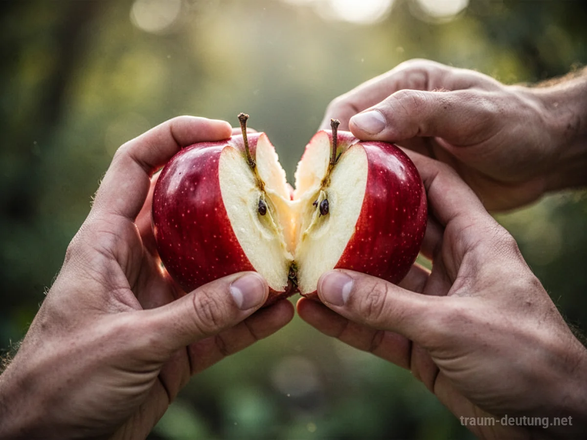 Zwei Hände teilen einen roten Apfel in der Natur.