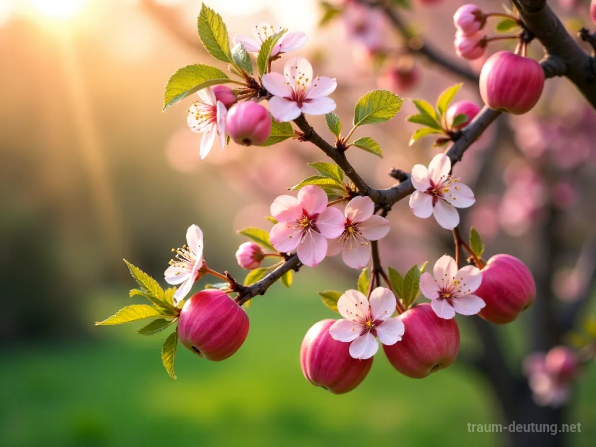 Ein blühender Apfelbaum mit zarten Blüten im Sonnenschein.