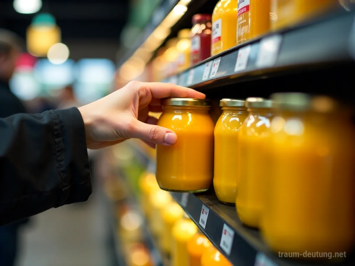 Hand greift nach Apfelmusglas im Supermarktregal