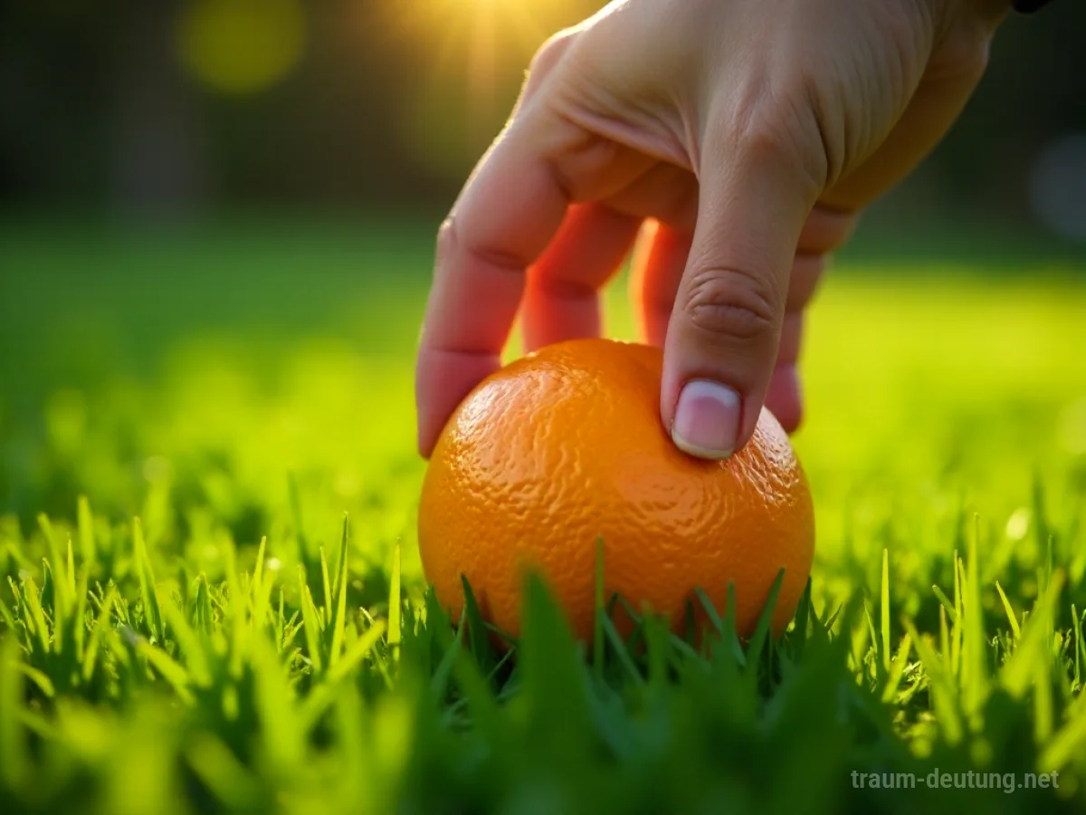 Eine Hand hebt eine leuchtend orangefarbene Apfelsine vom grünen Gras auf.