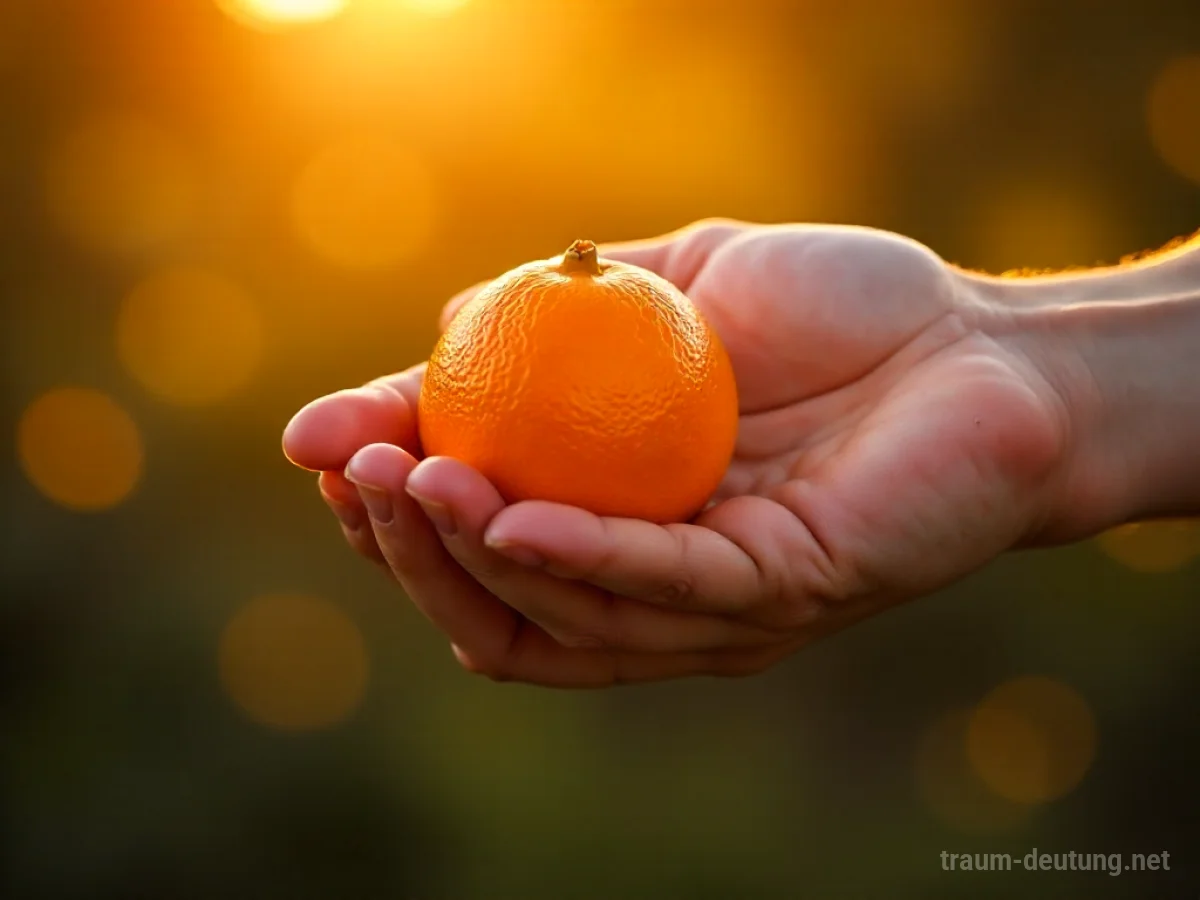 Eine Hand reicht eine leuchtend orange Apfelsine, um sie zu verschenken.