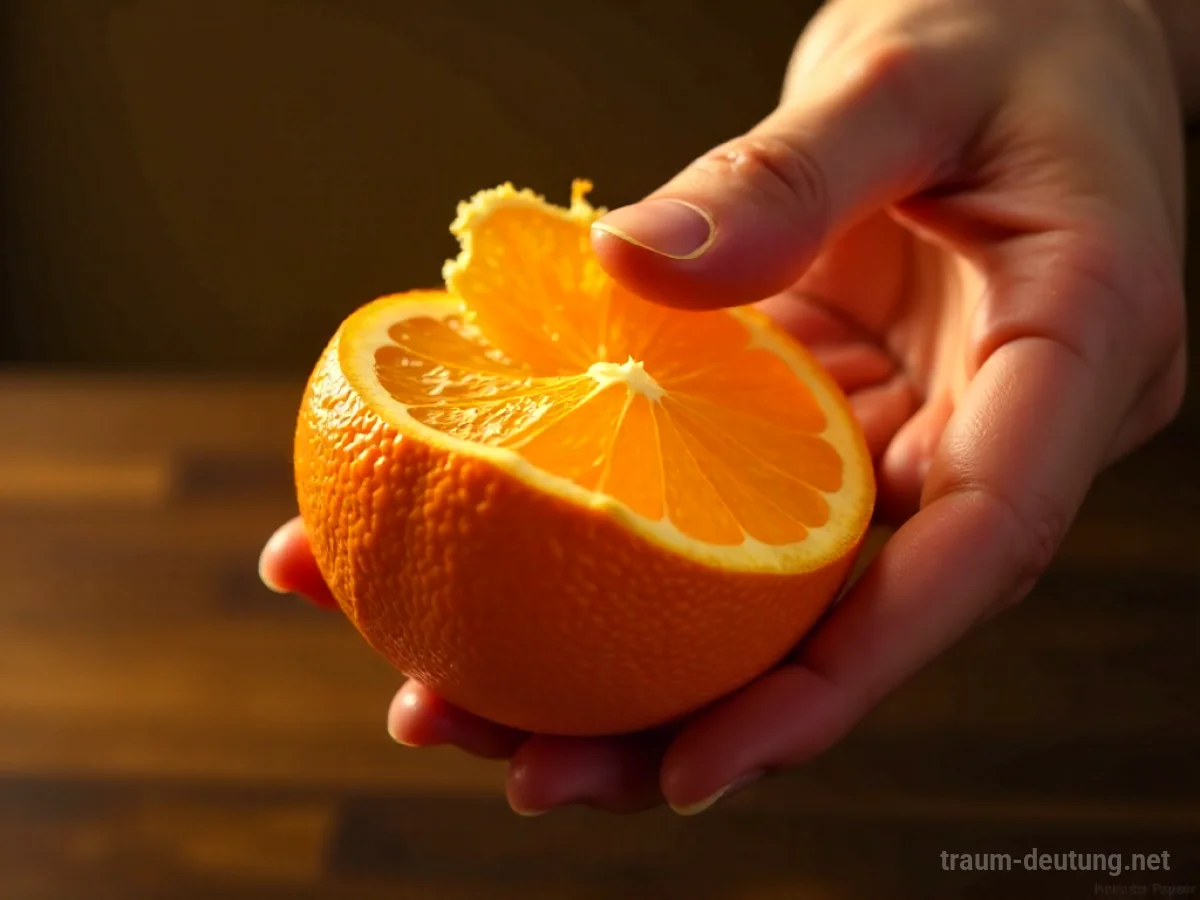 Eine Hand schält eine reife Apfelsine, die saftigen Segmente werden sichtbar.