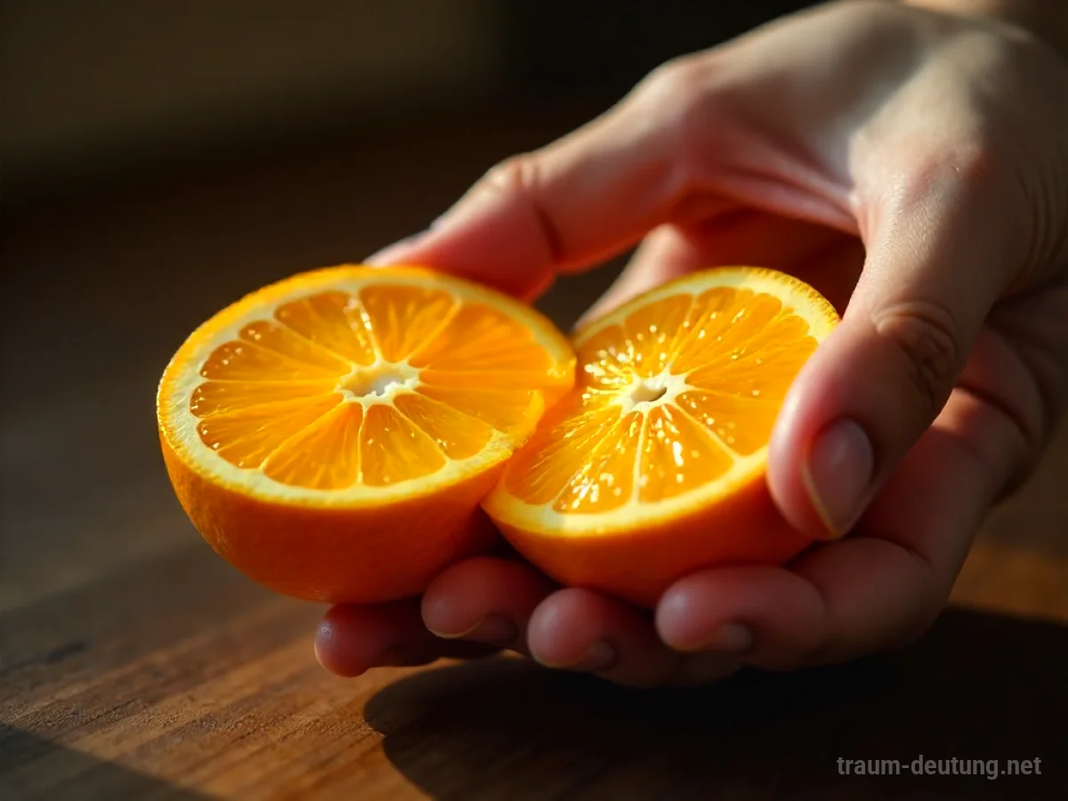 Eine Hand teilt eine saftige Apfelsine in zwei Hälften.
