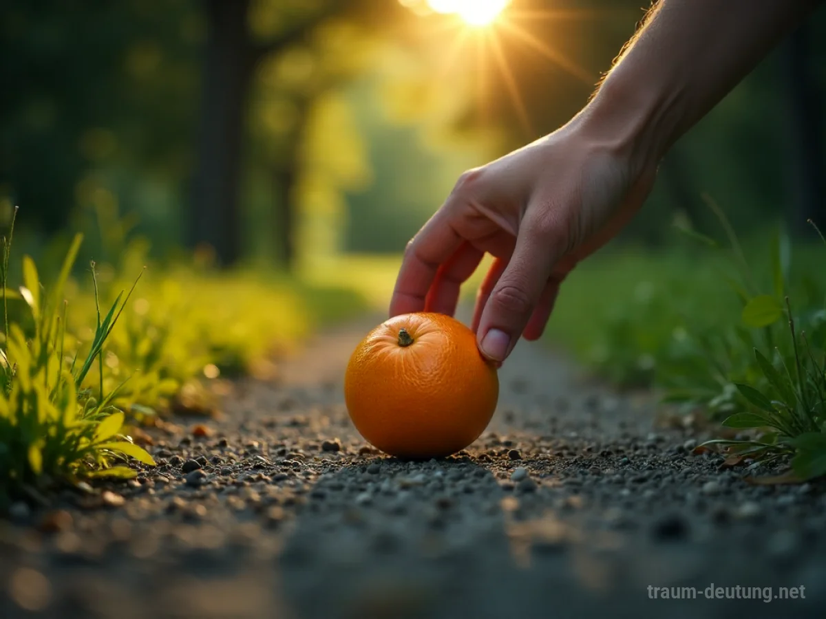 Eine einzelne Apfelsine rollt einer Person aus der Hand und einen Weg hinunter.