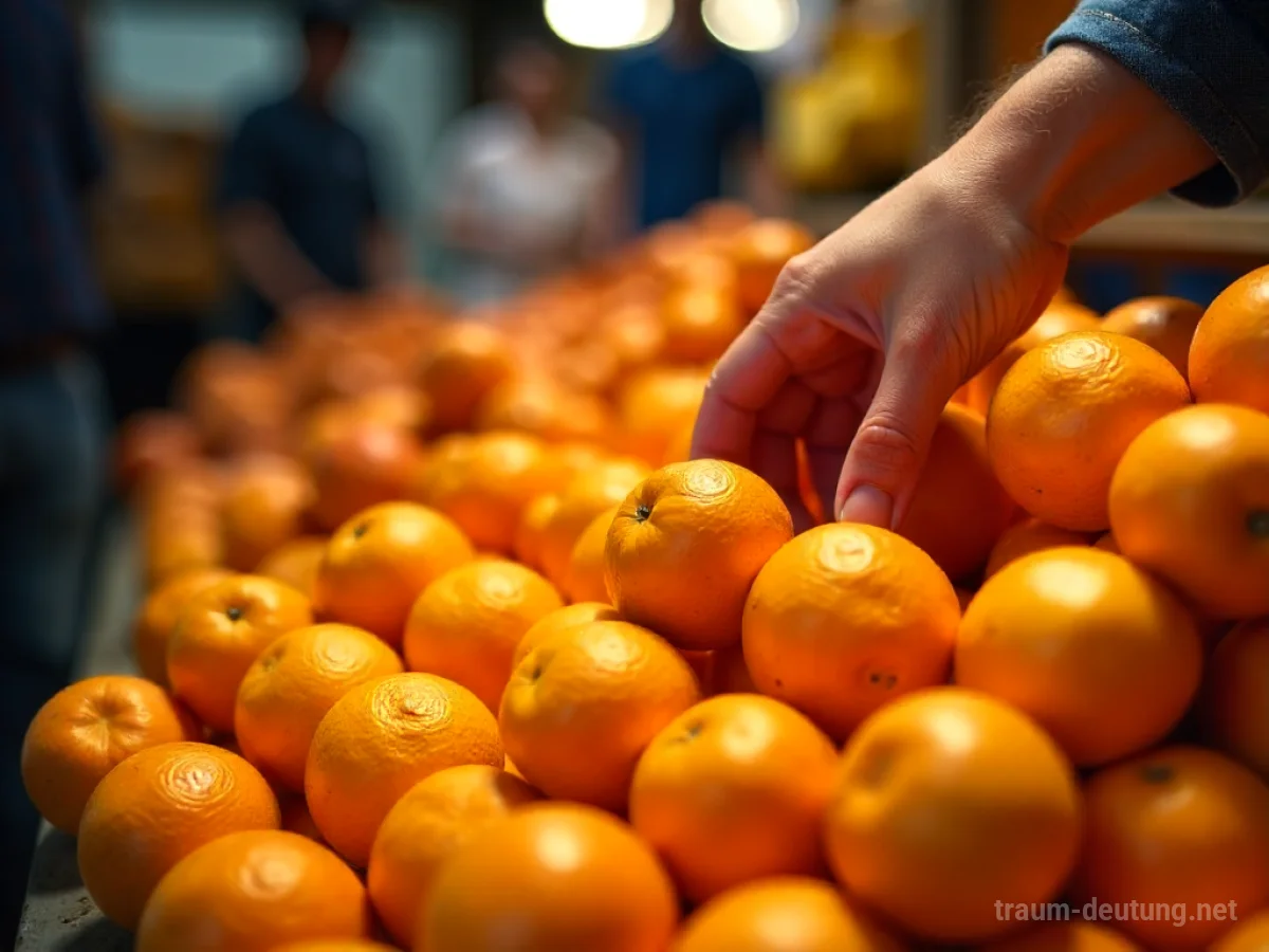 Hand greift nach frischen Apfelsinen auf einem Marktstand