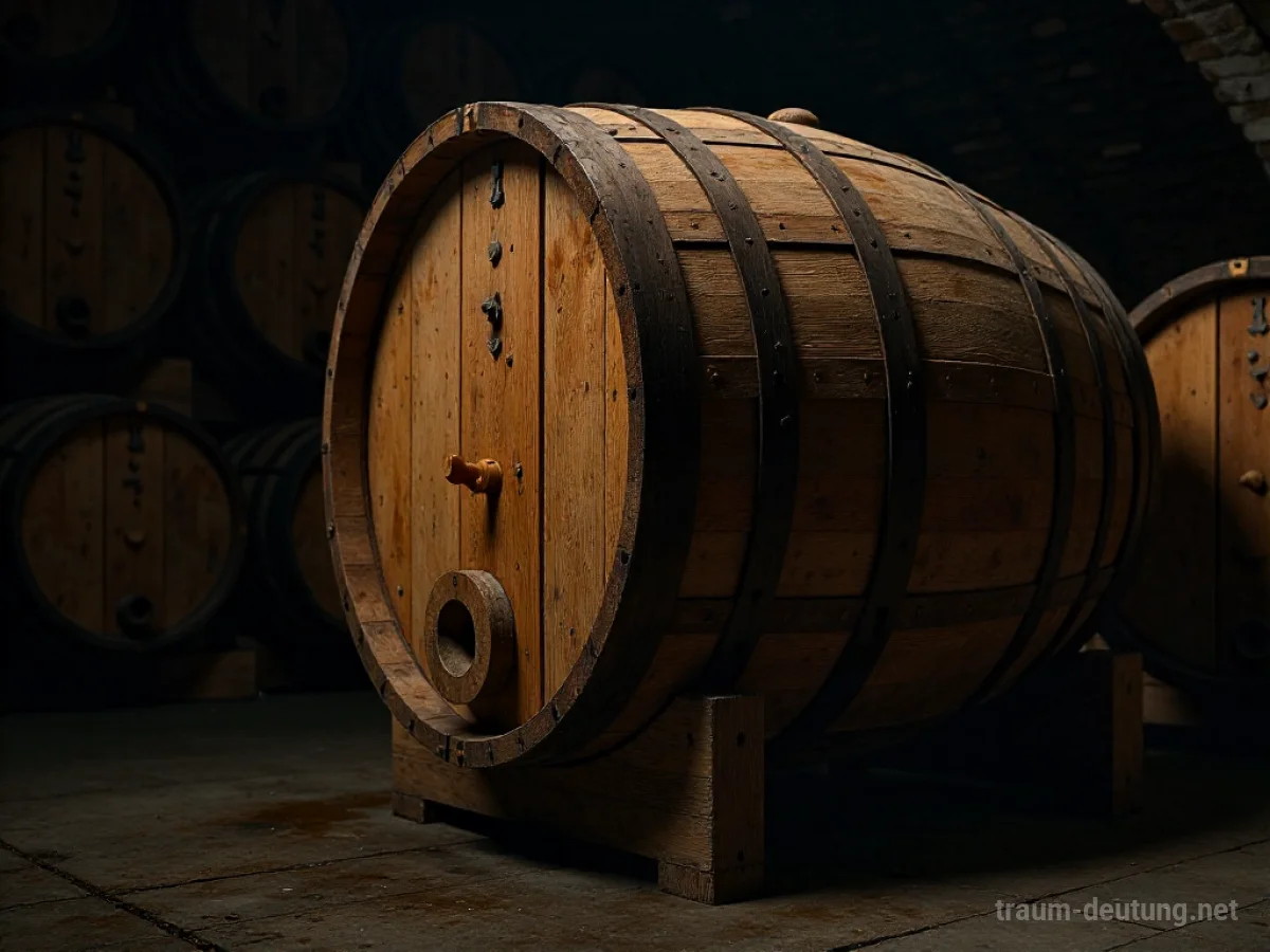 Ein großes hölzernes Apfelwein-Fass in einem dunklen Lagerraum.